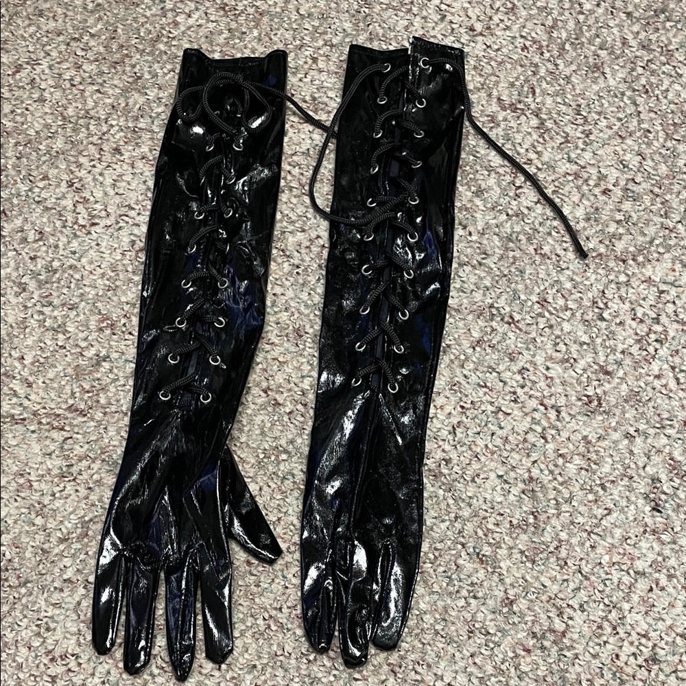 Lace-Up Long Black Patent Gloves - Women's Evening Gloves